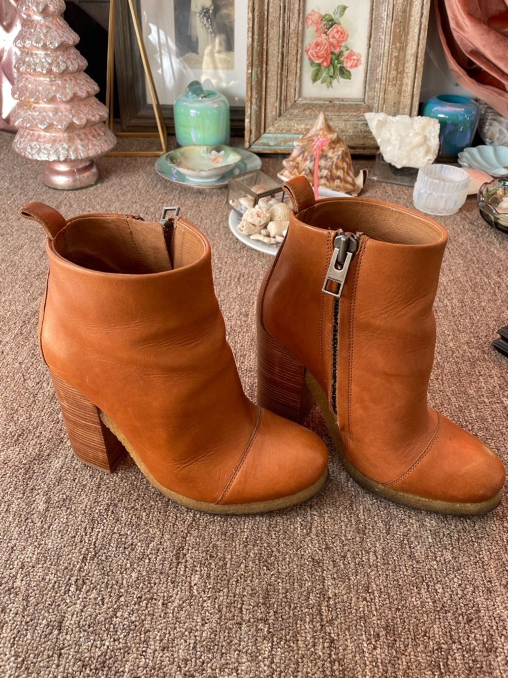 All Saints Cognac Leather Zip-Front Block Heel Ankle Boots - Picture 7 of 8